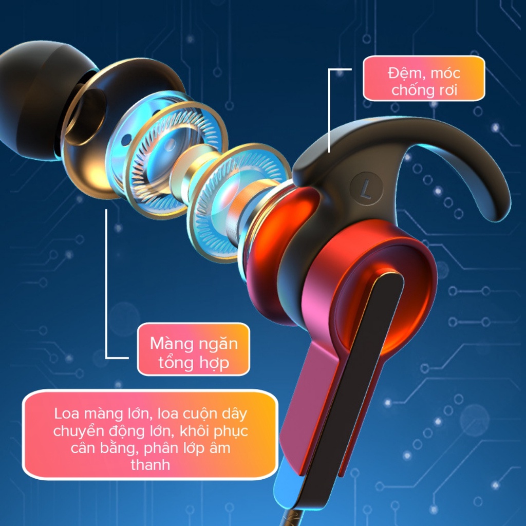 Tai nghe dây gaming EP2, không độ trễ, chống ồn, chống nước, thiết kế thể thao.