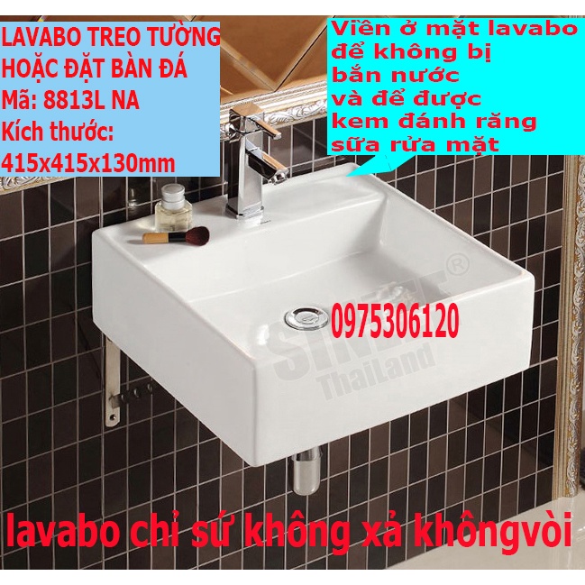 Chậu rửa mặt lavabo Treo Tường hoặc Đặt Bàn Đá 8813LNA thương hiệu NA.GRAND, men NANO trắng sáng chống ố chống bám bẩn