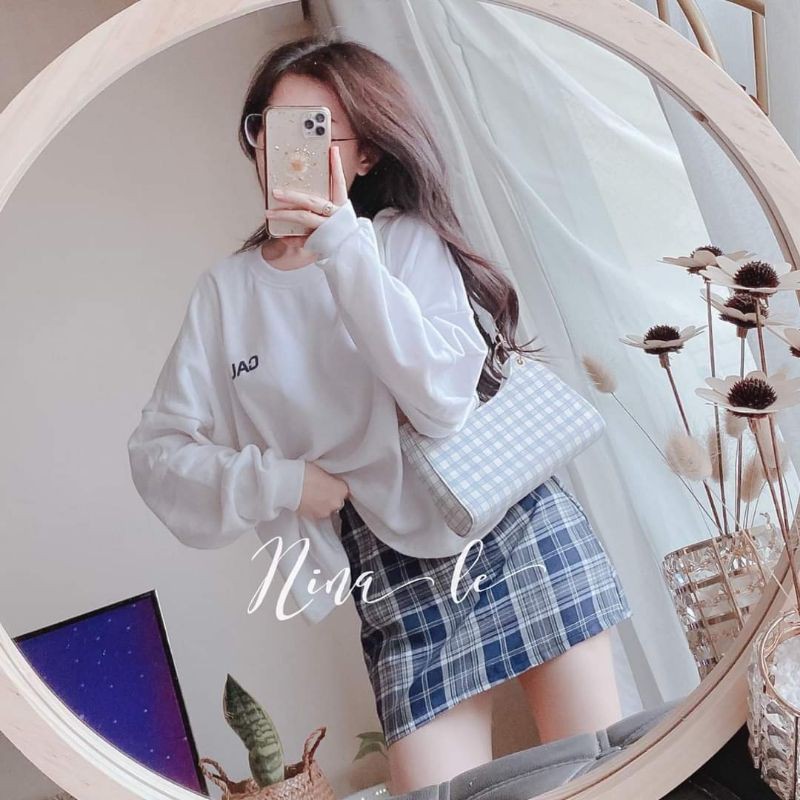 Set áo nỉ caution kèm chân váy kẻ sang chảnh nina lê shop