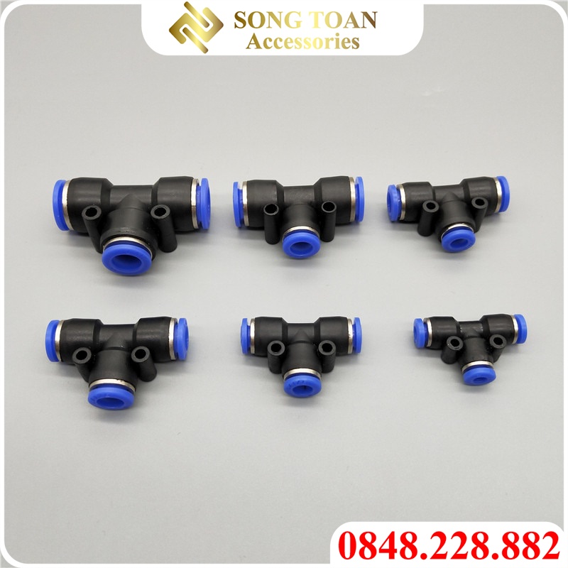 Tê Nối Nhanh 1 Chạm & PE T Chia 3 Hướng - Cắm Đường Kính Ngoài Ống Phun Sương & Dây Hơi PU Khí Nén 6 8 10 12 16 mm