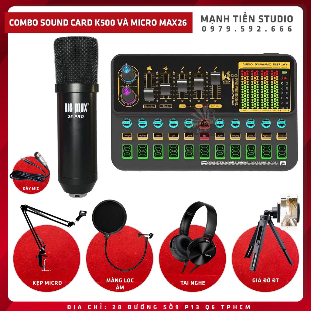 Combo thu âm livestream idol cctalk bigo tiktok karaoke Sound Card K500 Và Micro Max 26 cao cấp hay như phòng thu bh 12t