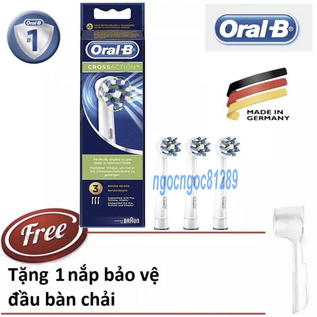 Đầu bàn chải oralb - Bộ 3 đầu bàn chải Oral-B Cross Action (made in germany) +  nắp chụp đầu bàn chải