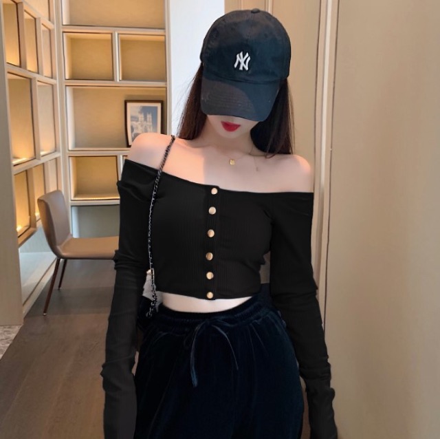 Áo croptop len trễ vai dài tay Ulzzang