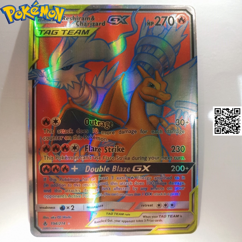 Bài pokemon Thẻ Reshiram & Charizard GX Tag Team phản quang Trading card TẶNG Sleeves bọc bài 1459 D2 194-214