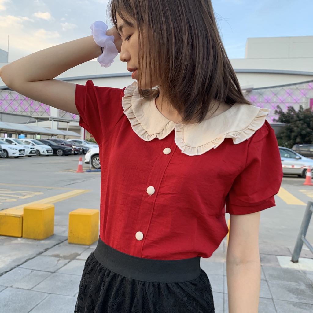 Áo kiểu nữ NHẬT LINH áo sơ mi đũi xước cổ phối bèo tay ngắn nữ tính duyên dáng - A194