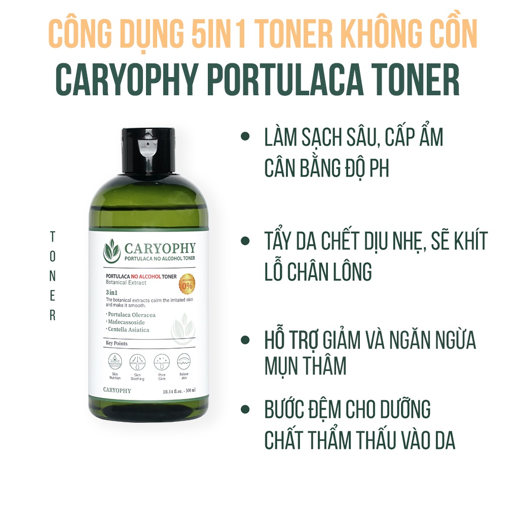Toner không cồn Caryophy Portulaca ngừa mụn kiềm dầu giảm thâm Hàn Quốc 300ml