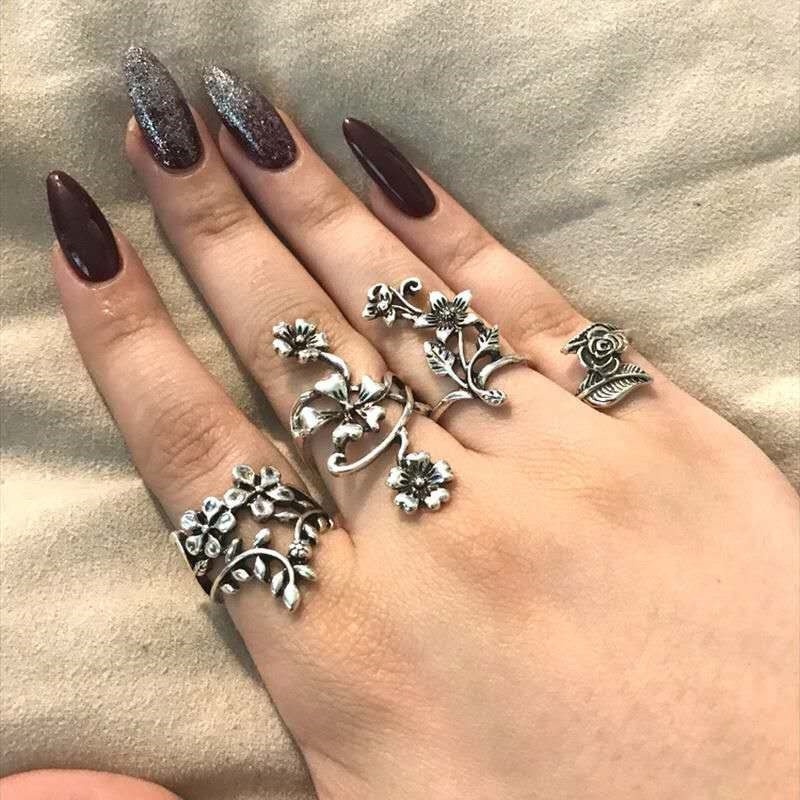 Set 4 Nhẫn Đeo Khớp Ngón Tay Bằng Hợp Kim Bạc Nhiều Màu Sắc Phong Cách Cổ Điển