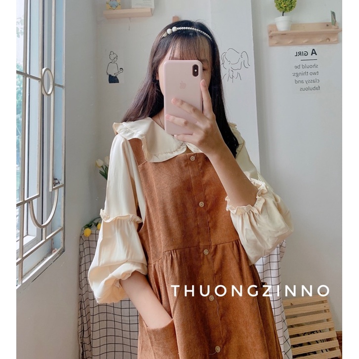 [Ảnh thật/Video]Set Yếm nhung Zmin gồm áo và váy dáng dài ulzzang, chất liệu nhung tăm