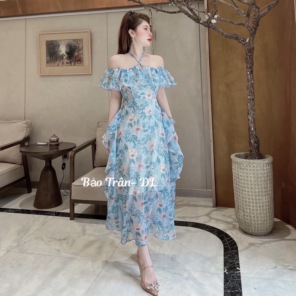 Váy đầm cổ yếm trễ vai LAMINU, đầm hoa trễ vai dáng dài, tay ngắn,vải voan tằm cao cấp 2 lớp