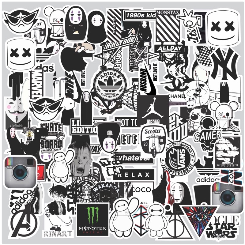 Decal ủi nhiệt ngẫu nhiên bộ trắng đen | Logo Sticker Patch in áo ủi trực tiếp lên vải - Rinart.vn