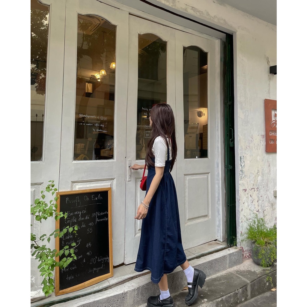 Váy yếm bò chiết eo xoè dài the.sweaterweather TSW (ảnh thật)