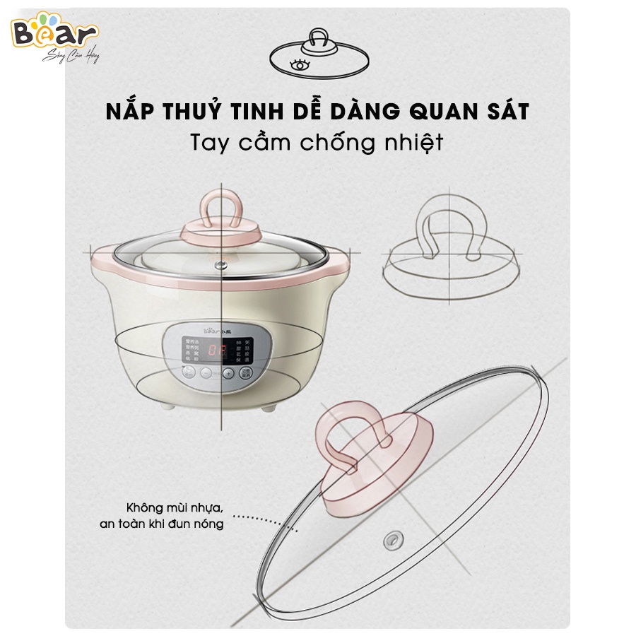 [Bear Chính Hãng] Nồi nấu chậm Bear SUBE002 1,6L (có lồng hấp)màu nâu với 7 chức năng có ruột nồi bằng sứ cao cấp