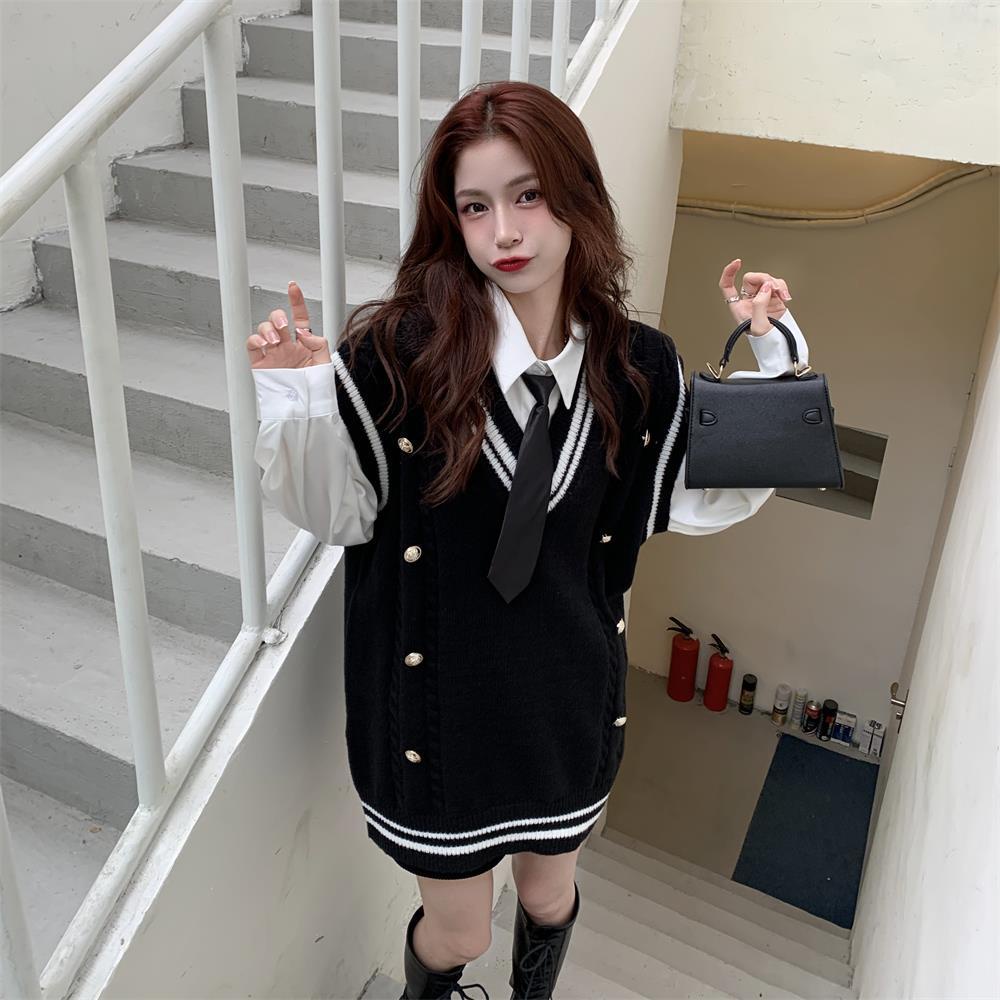 Bộ Áo Sơ Mi Dài Tay + Áo Khoác Dệt Kim Màu Sắc Tương Phản Phong Cách Retro Hàn Quốc Cho Nữ