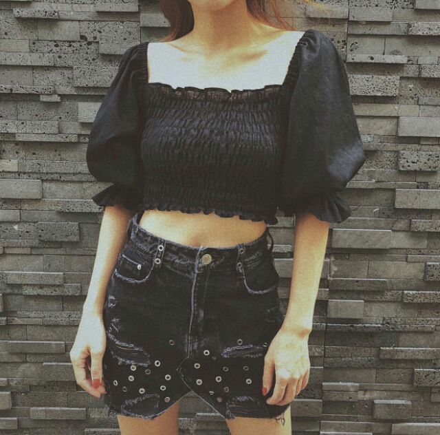 ÁO CROPTOP TRỄ VAI NHÚN CHỈ_ÁO KIỂU TRỄ VAI