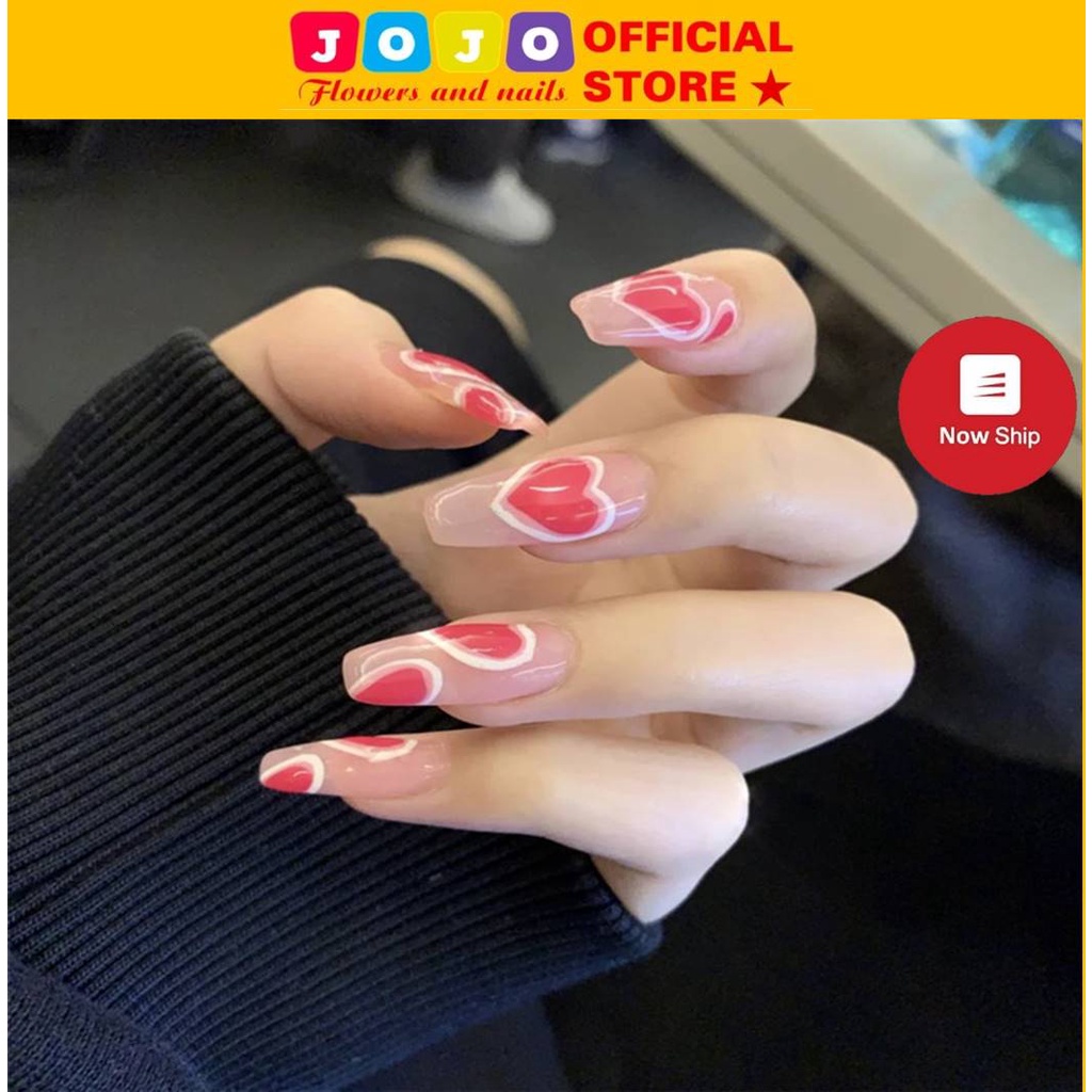set 24 móng tay giả dài vuông hồng trái tim thiết kế Jojo PD258 móng giả nailbox thời trang sang chảnh tự làm tại nhà
