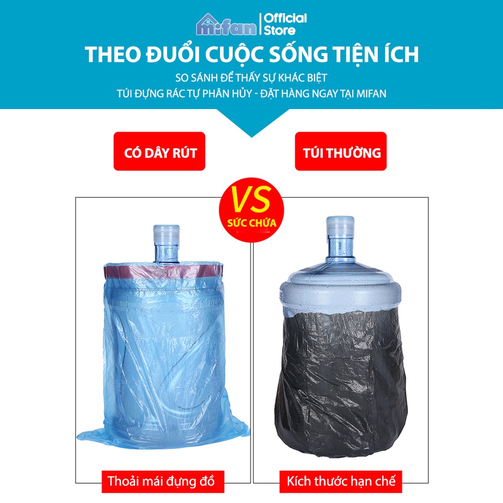 Combo 20 Cuộn Túi Đựng Rác Đen Tự Phân Huỷ Có Dây Rút Mifan - 15 túi/cuộn - 45x50 cm