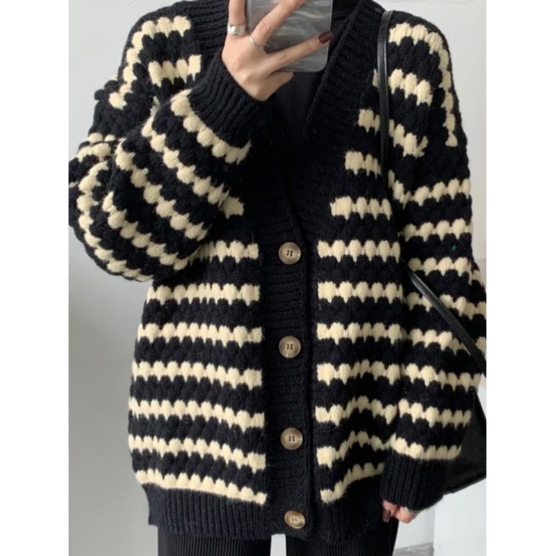Áo Sweater Tay Dài Màu Sắc Tương Phản Thời Trang 208246 Áo Khoác Dệt Kim Dáng Rộng Kẻ Sọc Kiểu Retro Hàn Quốc