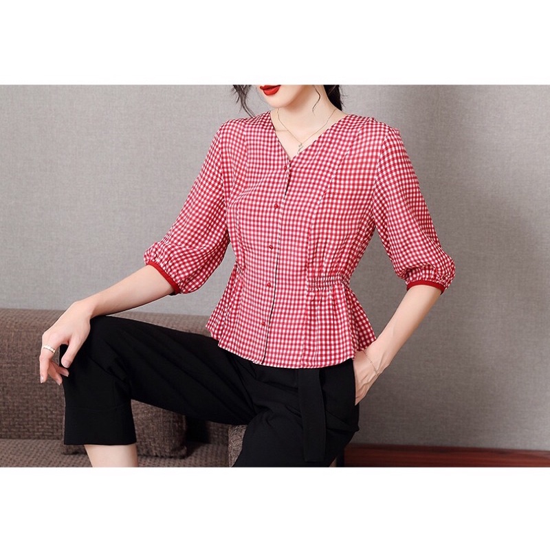 RA1369 Áo chiffon nữ hè thu tay lỡ caro hàng nhập