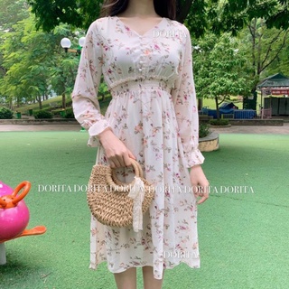 Váy hoa ullzang dáng dài cổ tim voan tơ - Đầm hoa nhí Vintage .