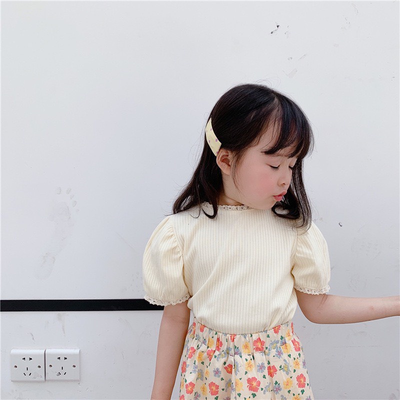 Áo thun tăm viền ren trẻ em bé gái cotton kiểu Hàn dễ thương 10-30kg ko