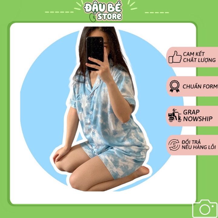 Bộ Ngủ Pyjama Tie Dye Ulzzang Cute Form Rộng - Pijama Hè Bộ Mặc Nhà Ngắn Tay Màu Loang Xanh Hot Trend - Daube - S010