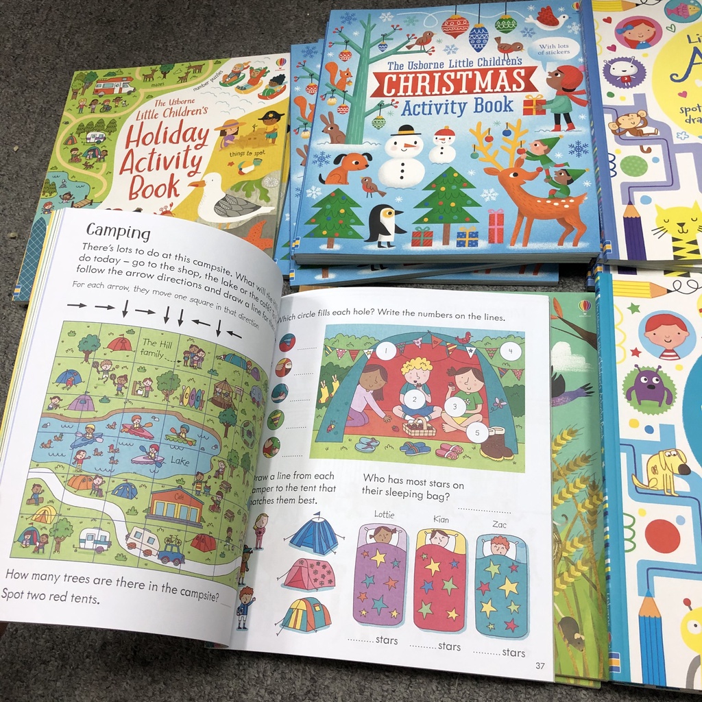 Sách tiếng anh Usborne - Little children's Activity book - tổng hợp kỹ năng hoạt động cho bé tìm kiếm, tô màu, bóc dán,