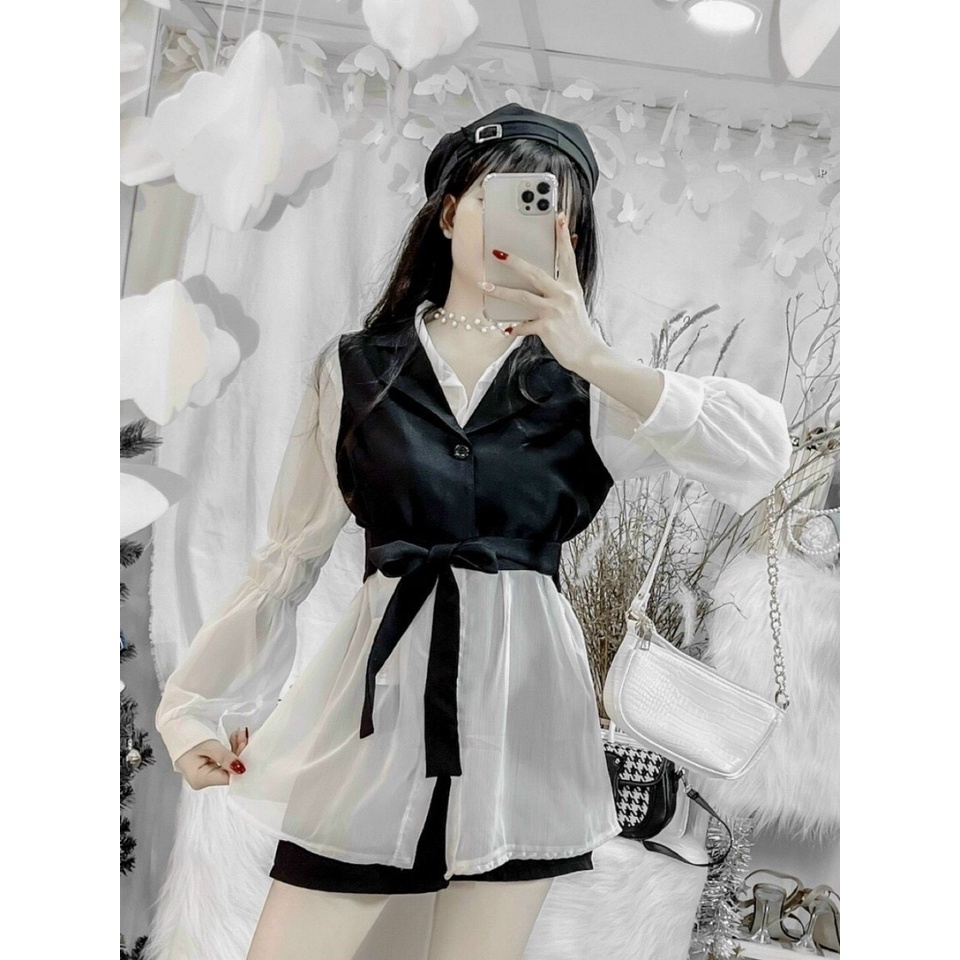 Áo Sơ Mi Kiểu Tay Dài Nữ Kèm Khoác Cổ Vest Lửng