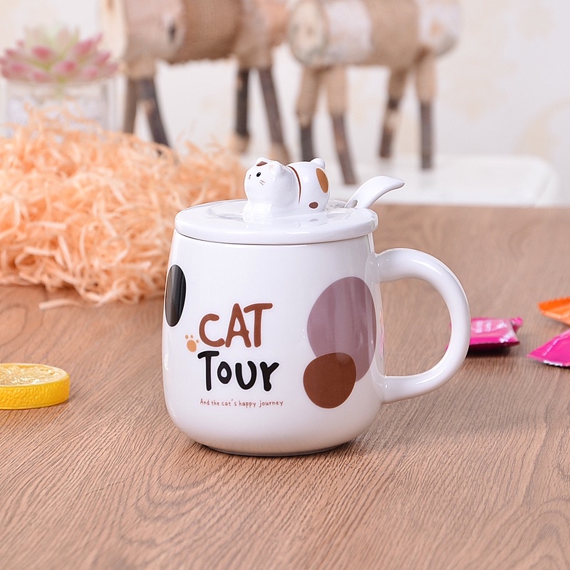 Ly cốc sứ có nắp mèo Cat Tour 400ml cao cấp