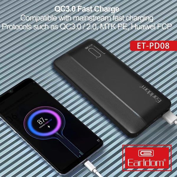 Pin sạc dự phòng 10.000 mAh Earldom PD08, 2 cổng vào Micro và Type C, công nghệ sạc nhanh QC 3.0