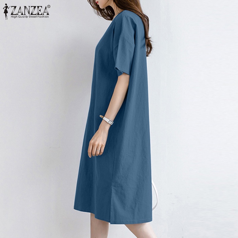 Đầm Mini Cổ V Tay Ngắn Xẻ Tà Màu Trơn Thời Trang Cho Nữ ZANZEA