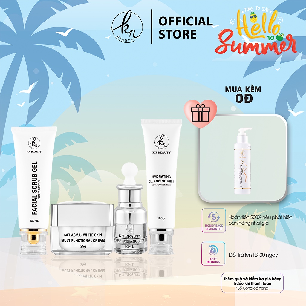 Bộ 4 sản phẩm Ngừa Nám Trắng Da KN Beauty Kem dưỡng + Serum + Sữa rửa mặt + Tẩy tế bào chết tặng dung dịch vệ sinh