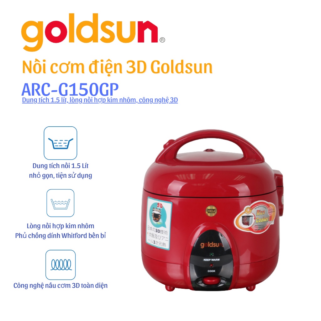 Nồi cơm điện Goldsun nắp Gài 3D 1,5 lít ARC-G150GP (màu đỏ)