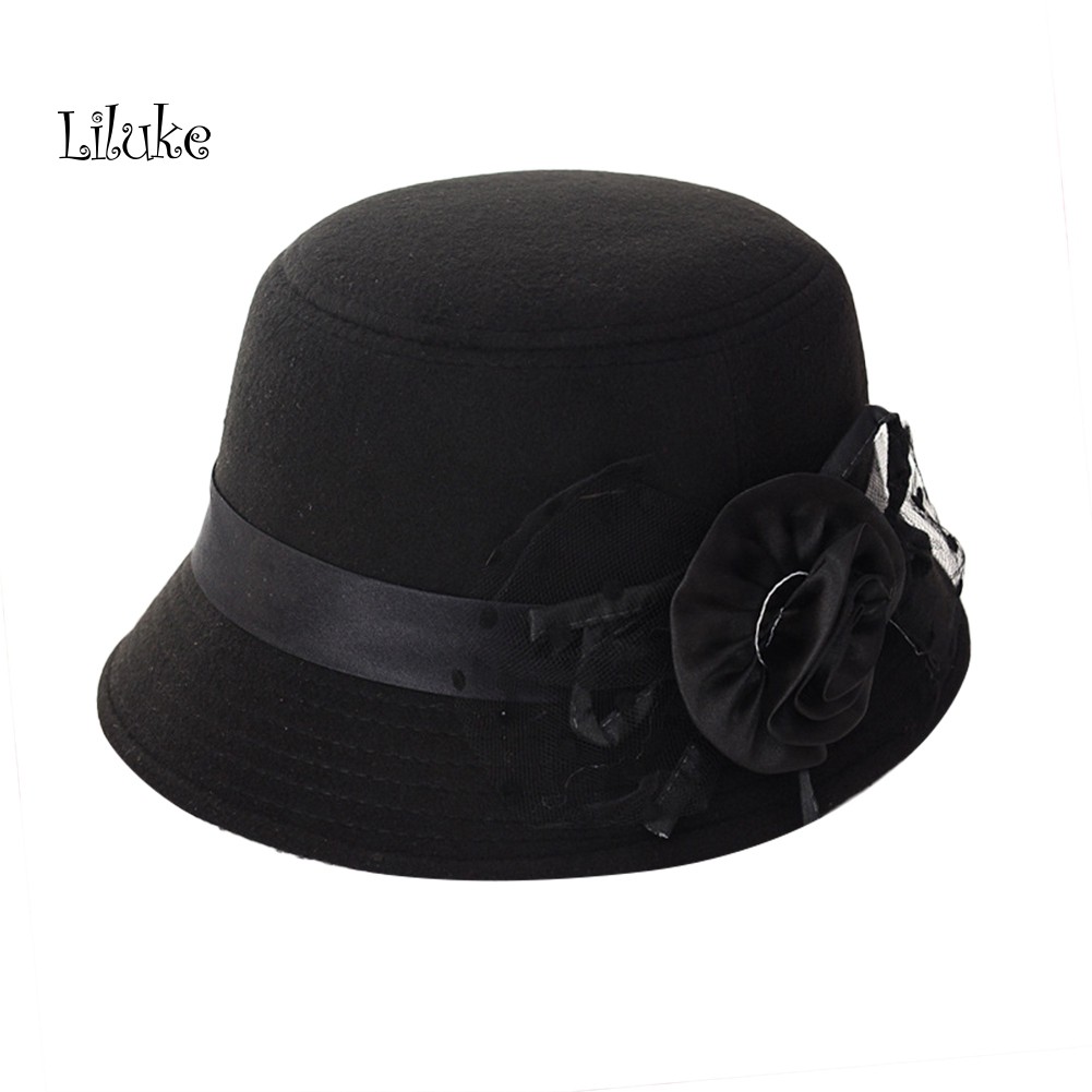 Mũ Bowlercheer Vành Rộng Bằng Len Màu Trơn Đính Hoa Ấm Áp Kiểu Vintage Cho Nữ