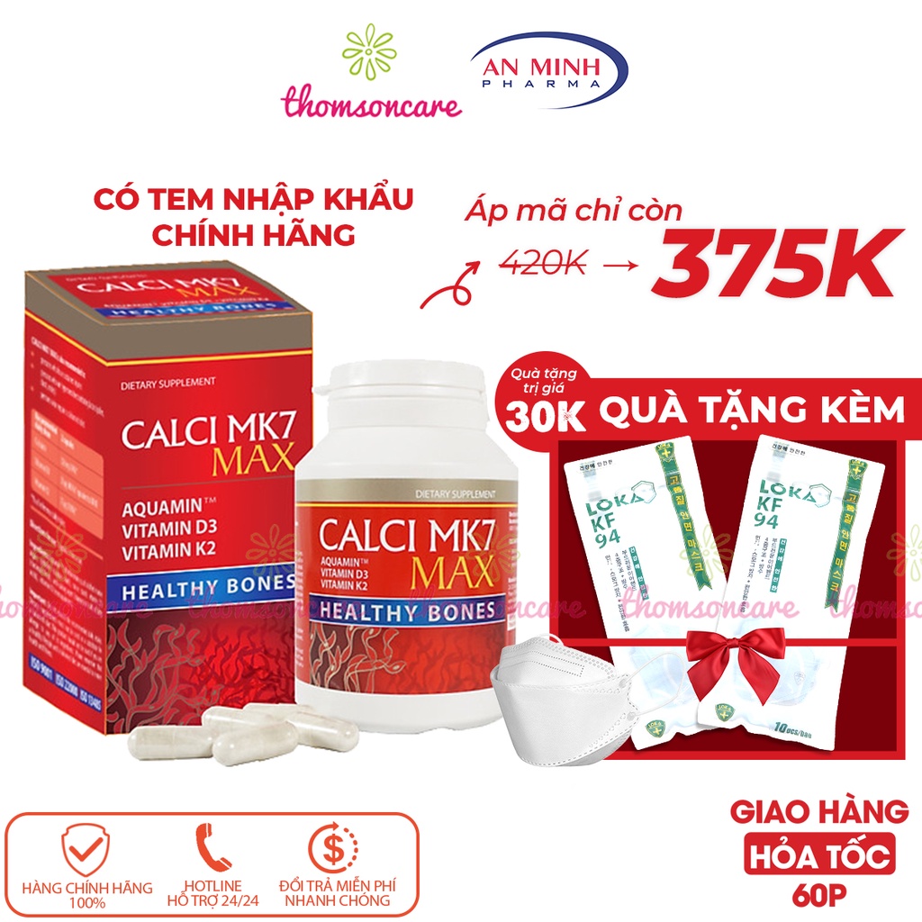 Canxi hữu cơ tăng chiều cao từ tảo biển đỏ Calci Mk7 từ Châu Âu, có thêm D3 và K2 giảm loãng xương cho mẹ bầu