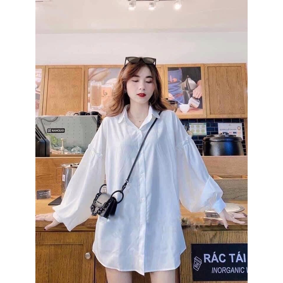 Áo Sơ Mi Nữ Form Rộng Dài Tay Viền Bèo - Sơ mi trắng trơn basic oversize, tay bồng viền bèo thiết kế tiểu thư bánh bèo