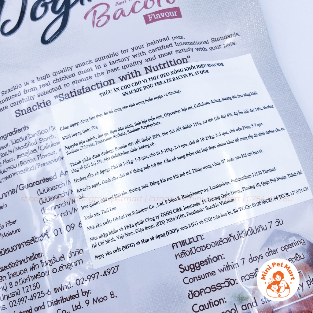 Thức ăn vặt cho chó SNACKIE 70g - Vị thịt heo xông khói, thịt bò, sữa, cà rốt, cải bó xôi