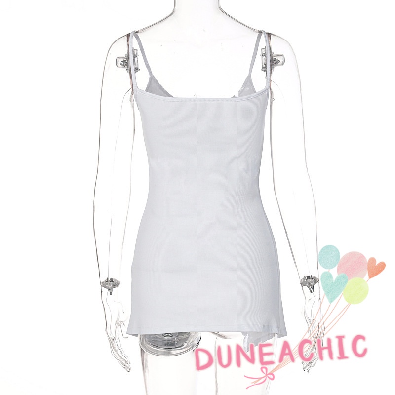 DUNEA Áo Tank Top Hai Dây Dáng Dài Xẻ Tà Phối Nút Cá Tính Cho Nữ