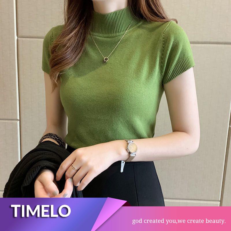 Áo Thun Dệt Kim Tay Lỡ Cổ Lọ Thời Trang Xuân Hè Phong Cách Mới Dành Cho Nữ