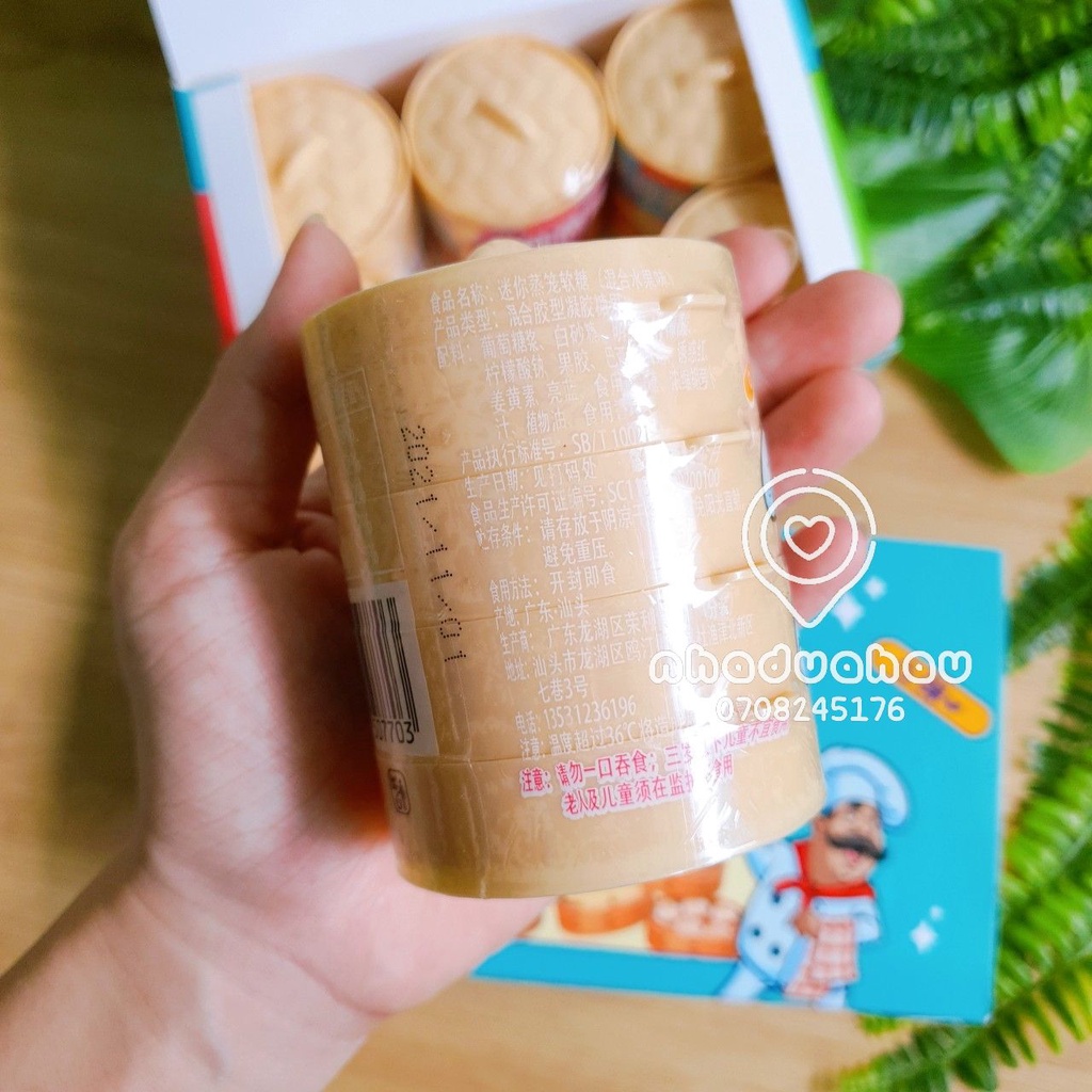 Một lốc gồm 6 cái kẹo dẻo đồ chơi hình xửng hấp bánh bao dimsum 4 tầng Đầu Bếp Hongkong cái 40gam