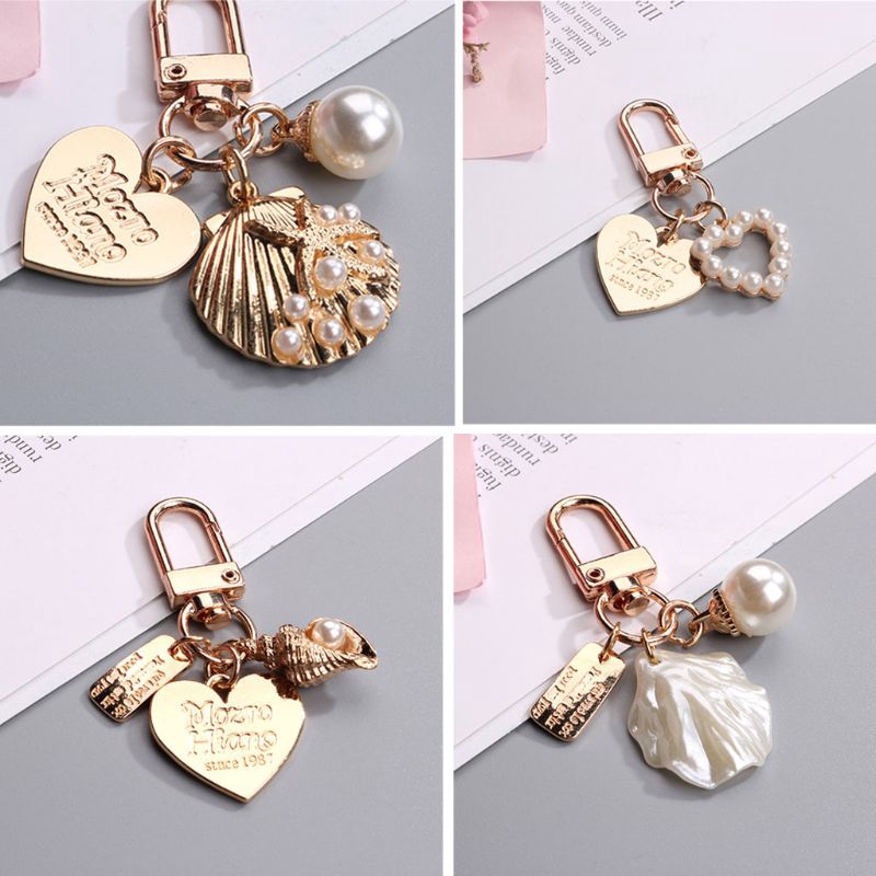 cozy* 4Pcs Love Letter Shell Conch Pearl Metal Golden Keychain Kit Bag Charm Jewelry