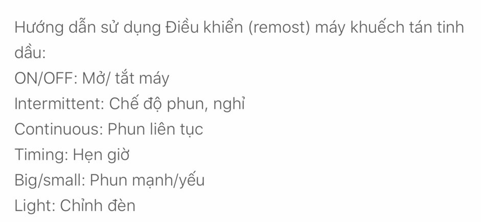 ĐIỀU KHIỂN (REMOTE) MÁY KHUYẾCH TÁN TINH DẦU