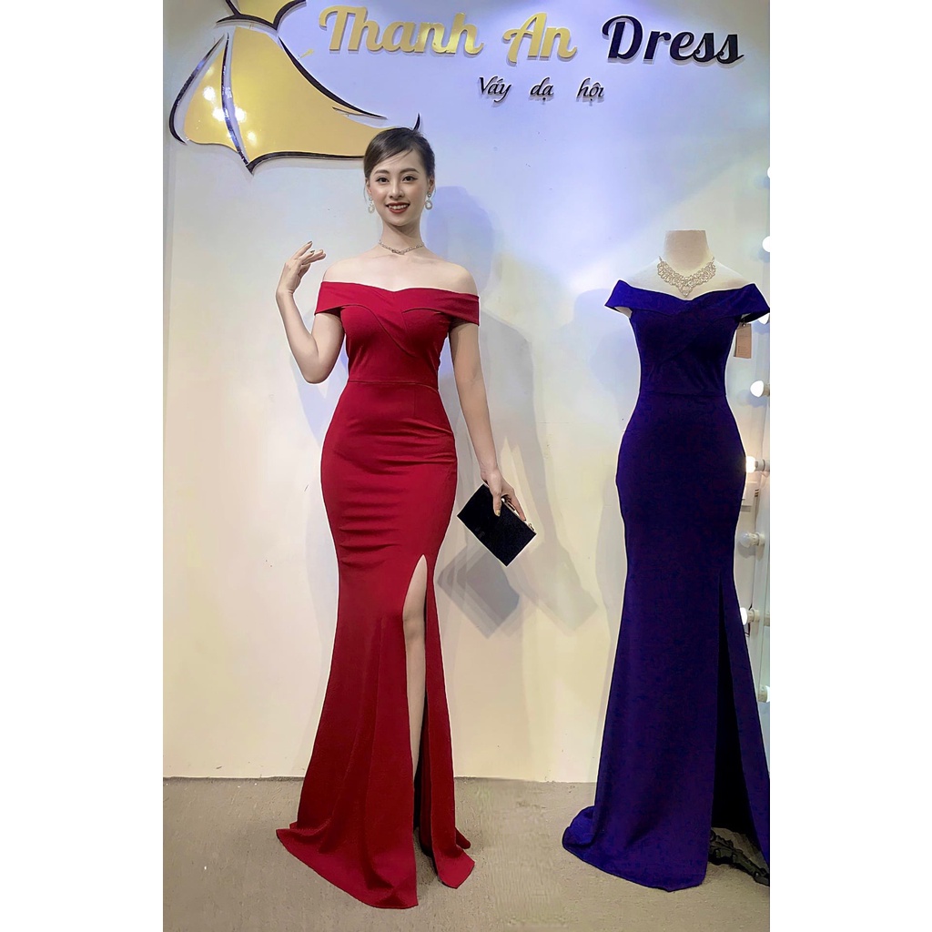 Đầm body dạ hội chất thun xẻ đùi thiết kế trễ vai