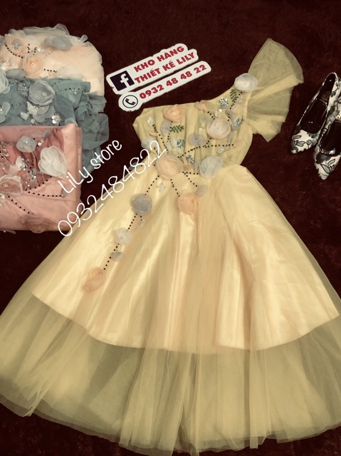 ẢNH VÀ VIDEO THẬT 10000%     Đầm xoè lệch vai hoa nổi kết cườm sang trong