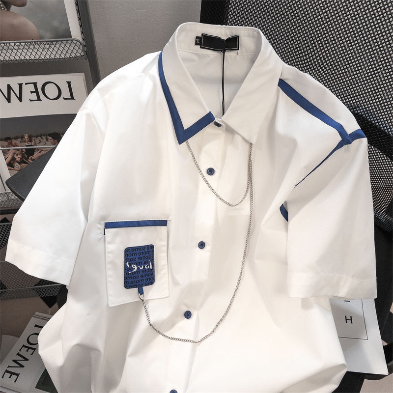 Áo Sơ Mi Tay Ngắn Dáng Rộng Phối Dây Chuyền Màu Sắc Tương Phản Phong Cách Nhật Bản Thời Trang Mùa Hè Cho Nam