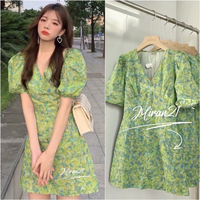 Váy Xanh Lá Cổ Tim Cúc Bọc Tay Bồng