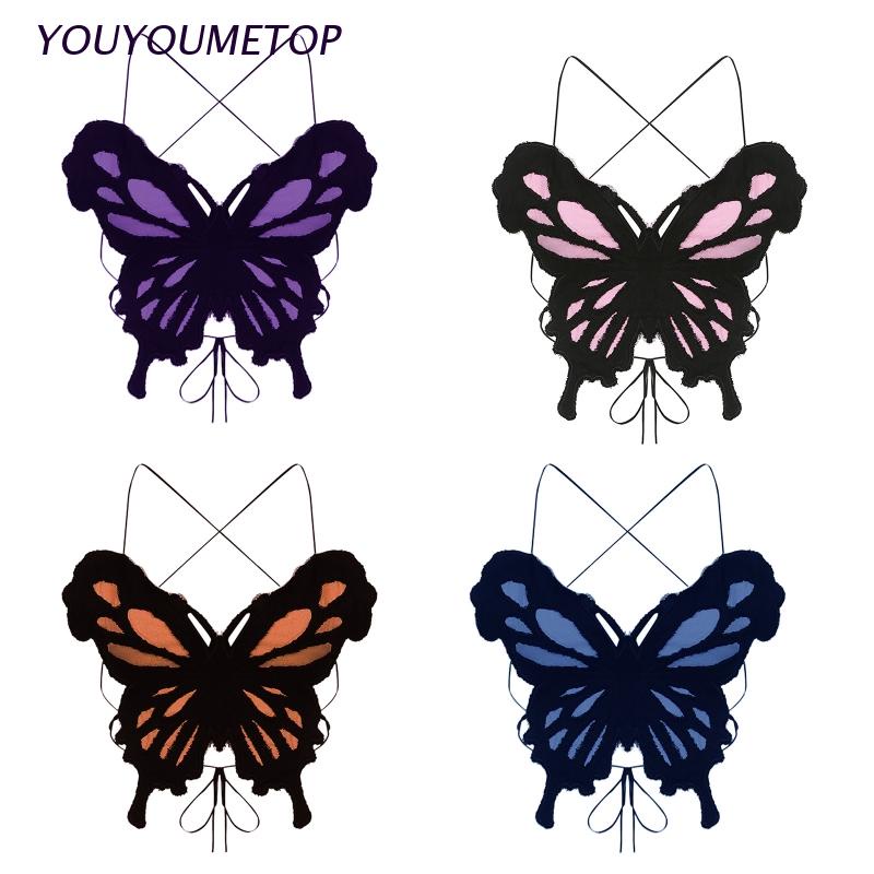 Áo Crop Top Hai Dây Cổ Chữ V Họa Tiết Cánh Bướm Nhiều Màu Sắc Quyến Rũ Phong Cách Harajuku Cho Nữ