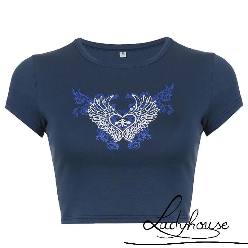 Áo Thun Ngắn Tay Cổ Tròn In Hình Đôi Cánh Thiên Thần Và Trái Tim Thời Trang Mùa Hè Cho Nữ