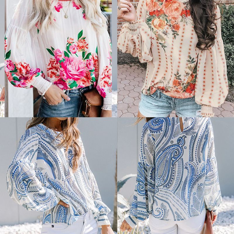 Áo Sơ Mi Mùa Thu Dáng Rộng Cổ Tròn Tay Phồng In Họa Tiết Hoa Kẻ Sọc Cổ Điển Cho Nữ