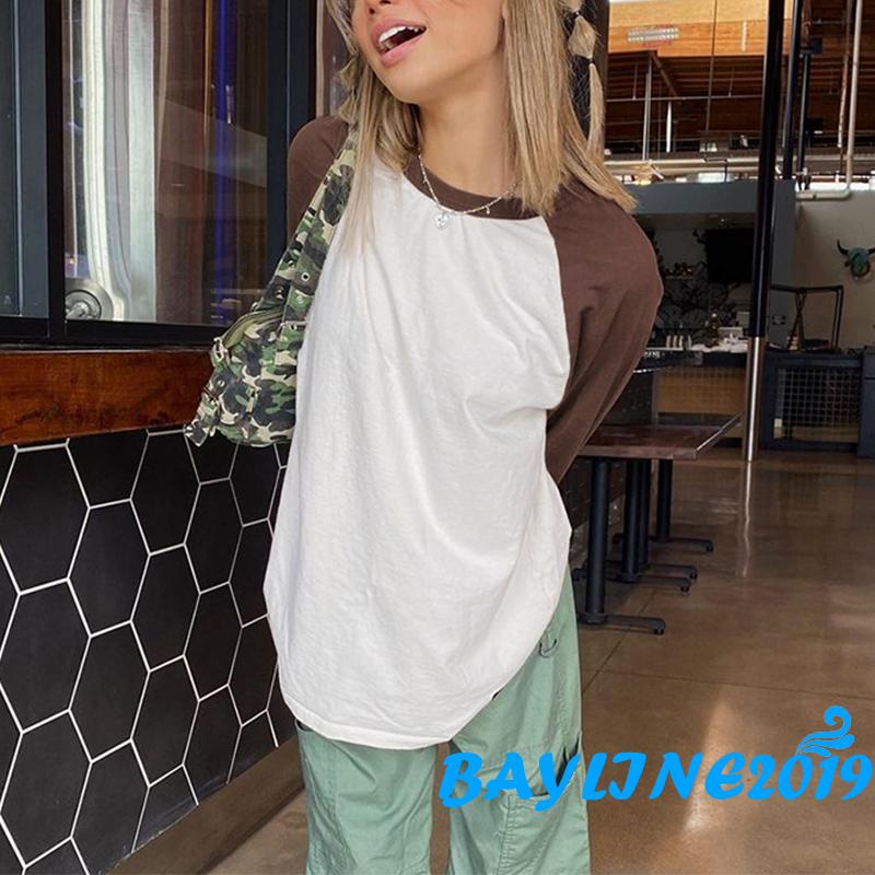 Áo thun tay dài cổ tròn màu sắc thời trang cho nữ