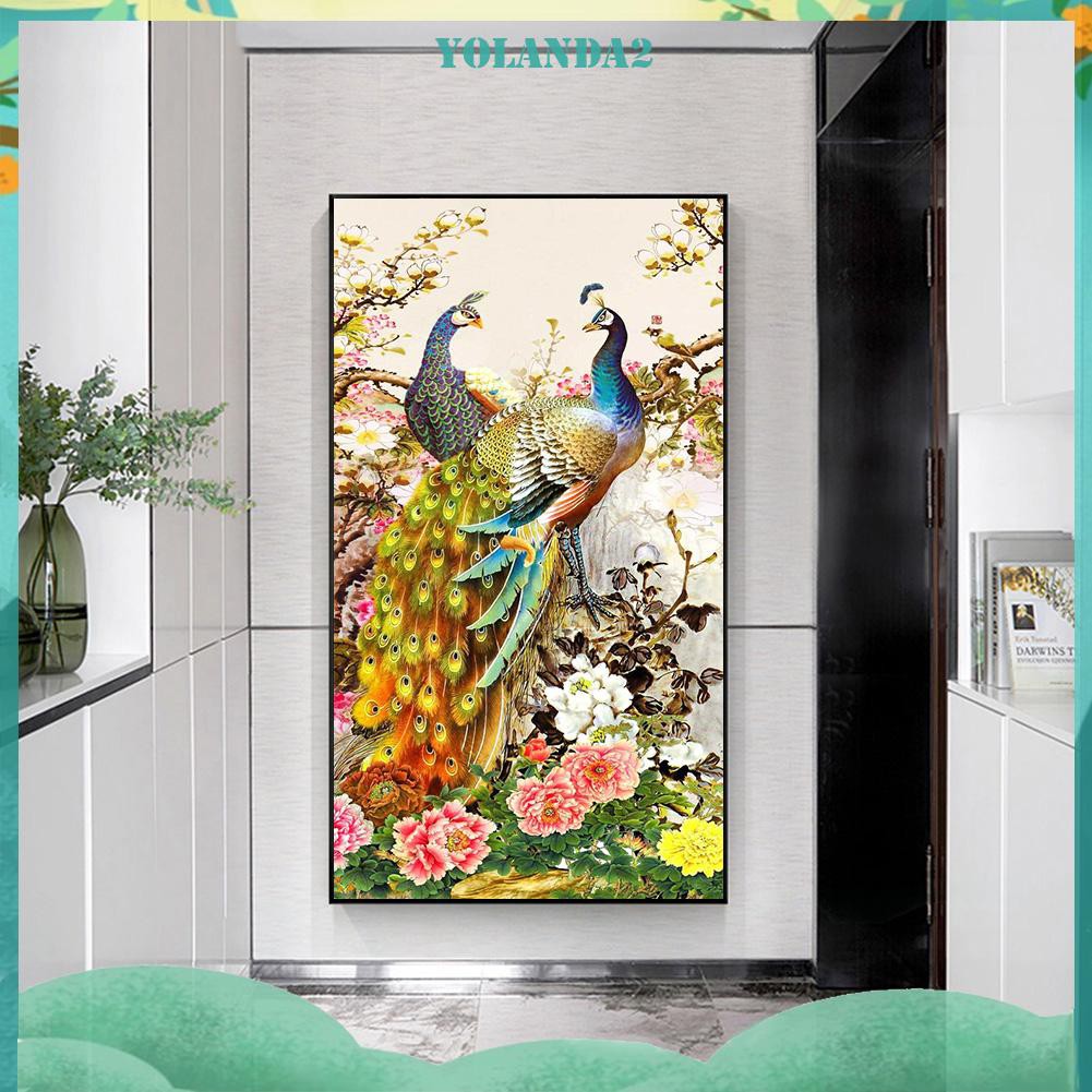 Tranh Đính Đá Tự Làm Hình Con Công Màu Vàng Kim Cương